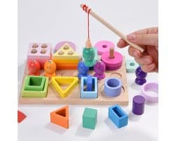 Montessori speelgoed vanaf 1 jaar - Houten stapel speelgoed - 3-in-1 kleurherkenning, vormen sorteren en visspel - Educatief cadeau voor 1 2 3 jaar peuters