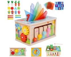 Montessori 6-in-1 tissuebox - voor kinderen van 36 maanden, houten activiteitenkubus, perfect sensorisch speelgoed voor peuters van 3 jaar, babyverjaardagscadeau