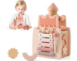 Montessori Baby Speelgoed 5 in 1 Roze Kasteel - Houten Activiteit Kubus voor Motorische Vaardigheden