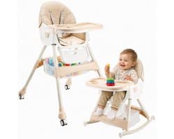 ComfyKidz® Inklapbare 4 in 1 Kinderstoel met Schommelfunctie - Voetensteun - Meegroeistoel met Opbergmand - Peuterstoel - Baby Eetstoel met Wieltjes - Beige