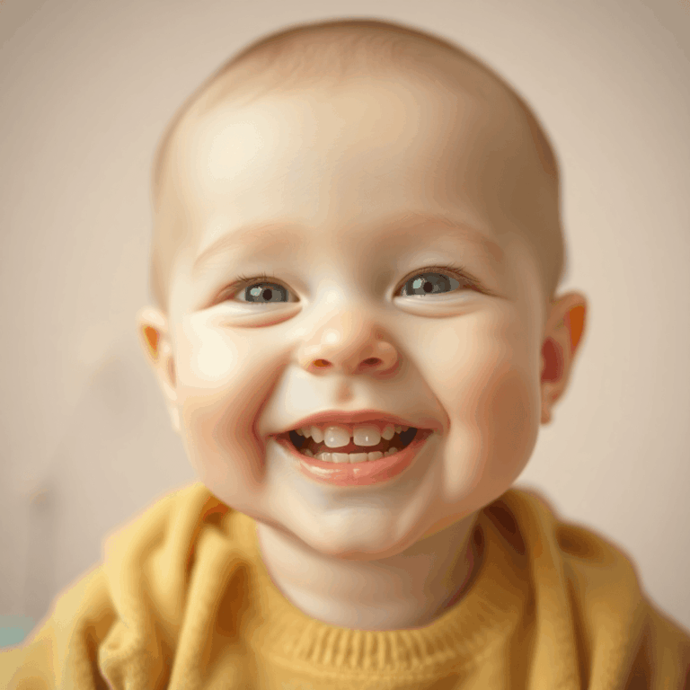 Close-up van een blije baby die glimlacht met zijn eerste kleine tandjes, omringd door zachte pastelkleuren en zachte natuurlijke elementen in een ...