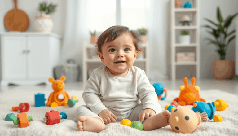 Gelukkige baby die op een zachte deken zit, omringd door kleurrijk speelgoed in een lichte, gezellige kamer, ter illustratie van de ontwikkeling va...