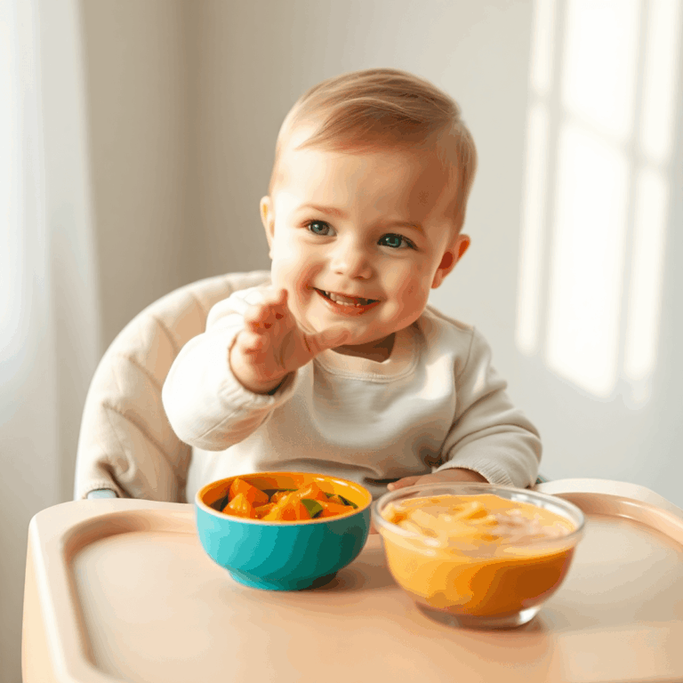 Gelukkige baby in een hoge stoel die reikt naar een kleurrijke kom met babyvoeding, badend in zacht natuurlijk licht en pastelkleuren in een minima...