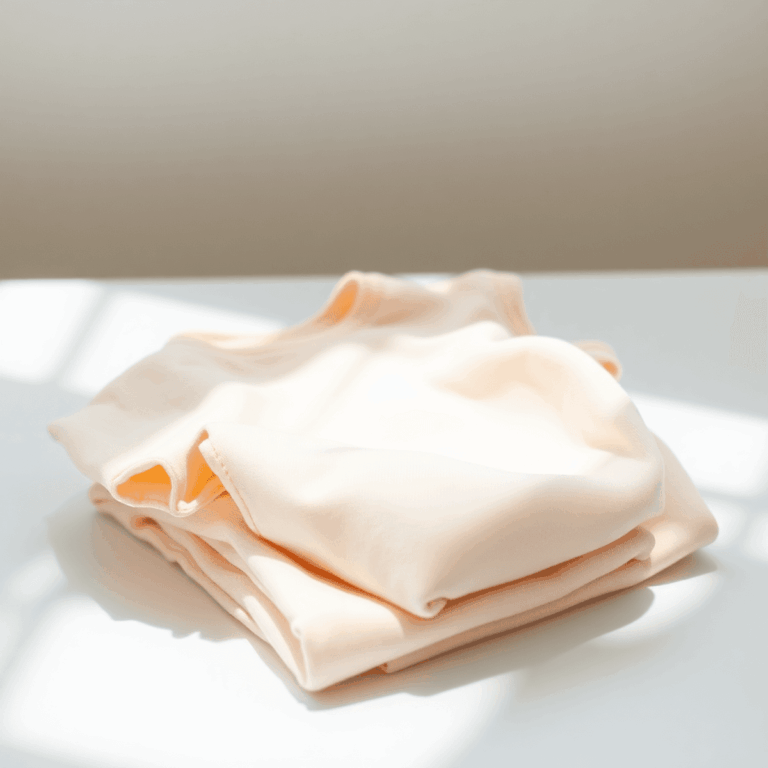 Netjes gevouwen pastelkleurige babykleding op een witte ondergrond, zacht verlicht om hun delicate textuur te accentueren in een minimalistische, g...