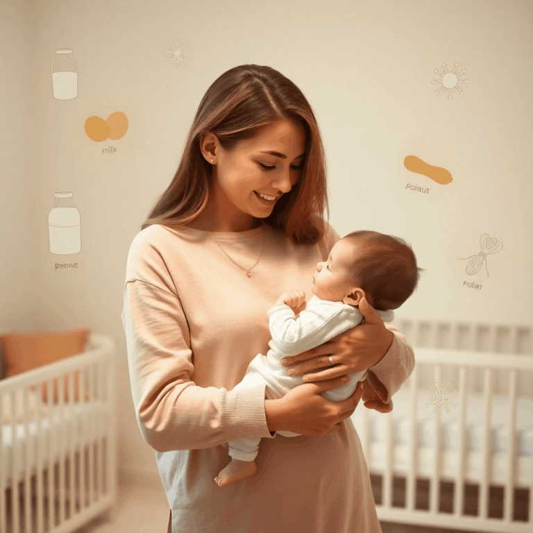 Moeder houdt zachtjes een baby vast in een zacht verlichte kinderkamer met subtiele allergenen symbolen zoals melk, eieren, pinda's, pollen en huis...