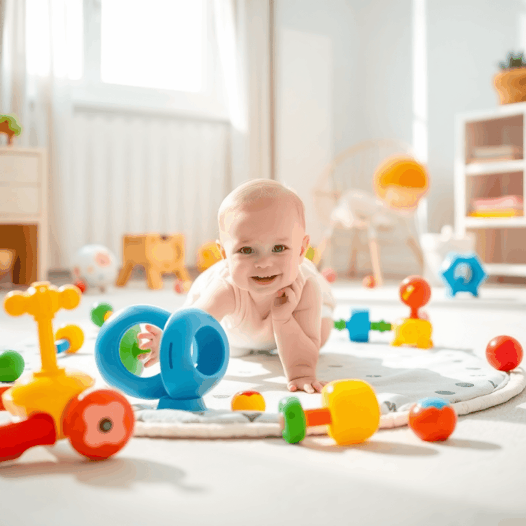 Gelukkig baby'tje kruipt op een zacht speelmat met kleurrijk speelgoed in een heldere, zonnige kinderkamer in minimalistische stijl.