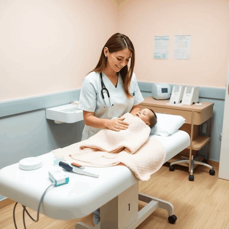 Gezellige pediatrische consultatieruimte met pastelkleuren, baby-examinetafel, medische instrumenten en een verpleegkundige die voorzichtig voor ee...