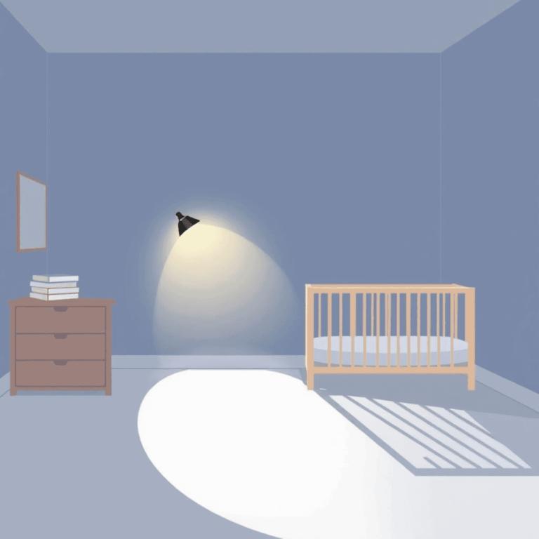 Knusse kinderkamer 's nachts met een gloeiende nachtlamp, babybedje en zachte schaduwen, die kalmte en rustgevende slaap oproepen in een minimalist...