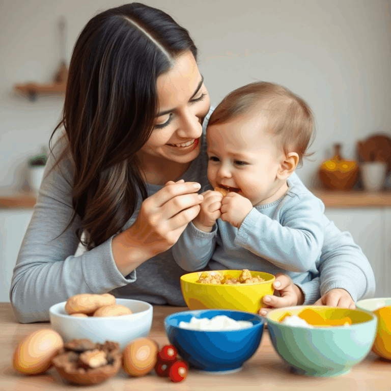 Een blije moeder die haar baby voor het eerst zachtjes vast voedsel voert aan een heldere, gezellige keukentafel met kleurrijke kommen met veelvoor...