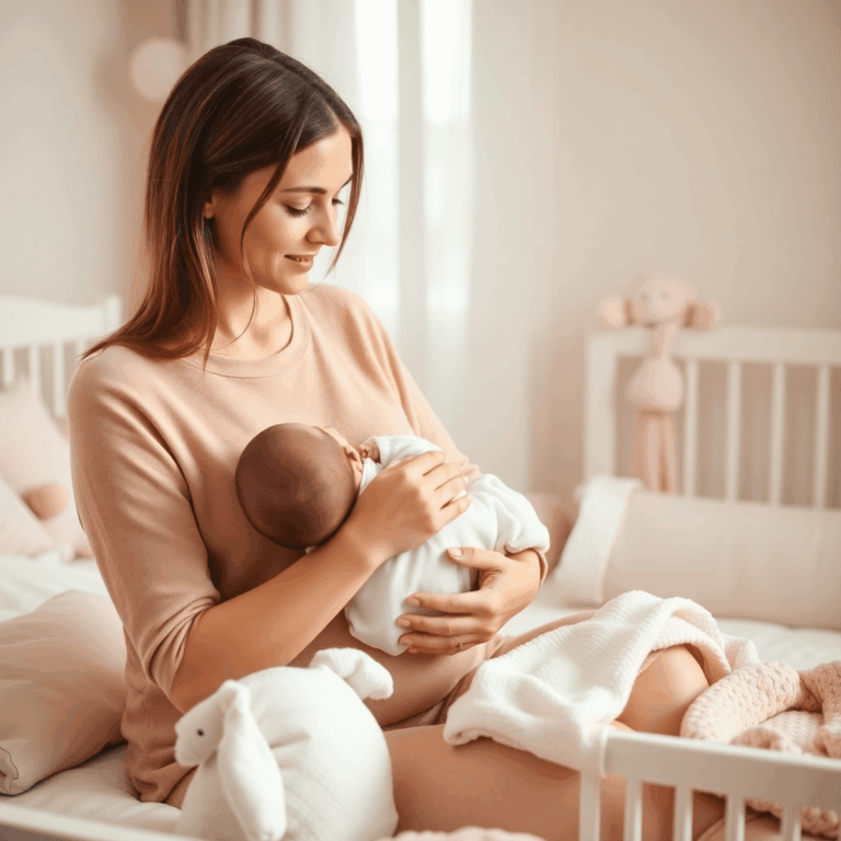 Een minimalistisch tafereel van een moeder die haar pasgeboren baby borstvoeding geeft in een zacht verlichte kinderkamer met pastelkleuren en baby...