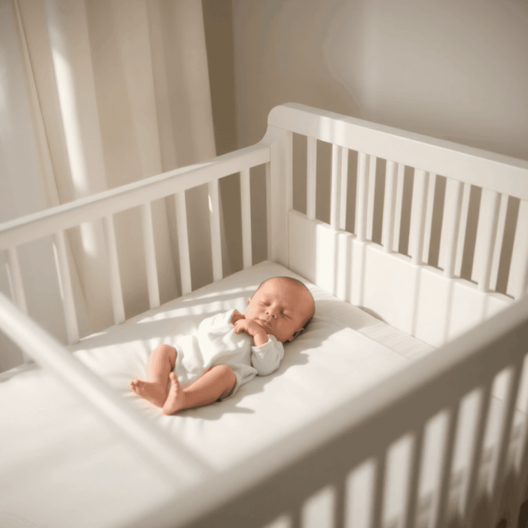 Een pasgeborene die vredig rust in een zacht verlichte wieg met zachte kleuren, waardoor er een rustige en comfortabele sfeer in de kinderkamer ont...