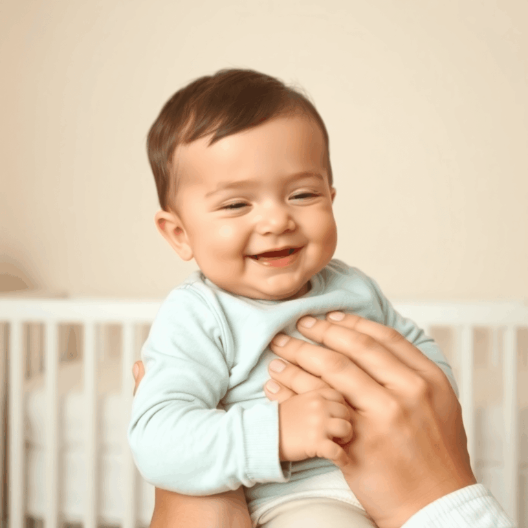 Een rustige kinderkamer met een blije baby in de armen van een zorgzame ouder, zachte pastelkleuren en subtiele medische iconen die de symptomen va...